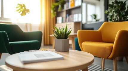 Modern cozy living room with colorful armchairs and green plant in stylish interior design with natural sunlight and contemporary furniture setup