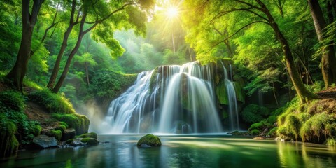 Serene waterfall amidst lush green woods with sunlight filtering through the leaves, nature, waterfall,  nature,waterfall