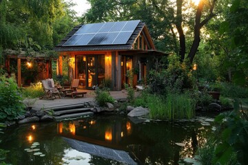 Tranquil, wooden structure nestled beside a serene pond at dusk.