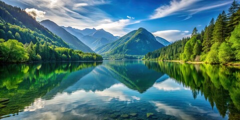 Serene lake with surrounding mountains and lush greenery, reflecting perfectly in its calm waters , peaceful, greenery