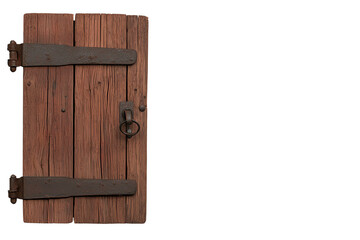 A rustic wooden door with metal hinges and a ring handle.