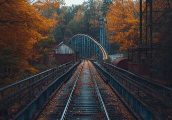 Scenic Autumn Landscape with Abandoned Roller Coaster Tracks Surrounded by Colorful Fall Foliage in an Overcast Environment