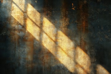 Sunlight filtering through aged window bars onto weathered wall.
