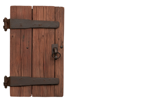 A rustic wooden door with metal hinges and a ring handle.