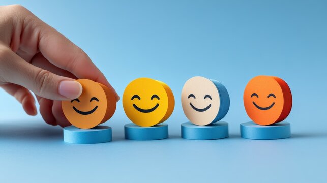 Hand placing orange smiley face figure on blue stand among yellow, white, and orange smiley faces against a blue background, symbolizing happiness and positivity