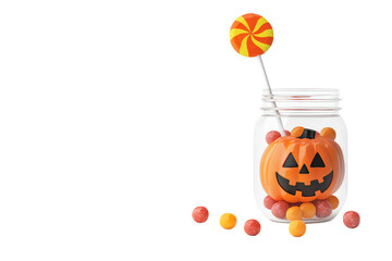 A jack-o'-lantern and colorful candies are placed in a glass jar with a swirled lollipop.