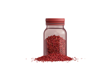 A small glass jar filled with vibrant red and pink sprinkles, overflowing slightly at the base.