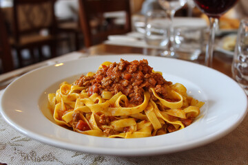 Tagliatelle al ragù alla Bolognese, rich and slow-cooked meat sauce with beef and pork