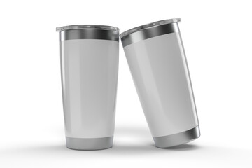 3D Stainless steel tumbler mockup with transparent plastic lid. Blank Insulated container aluminium mug isolated on background. Template for presentation branding product, thermos glass, beverage cup