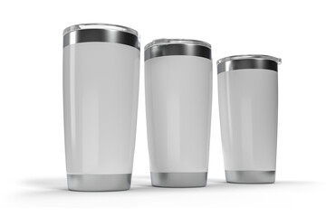 3D Stainless steel tumbler mockup with transparent plastic lid. Blank Insulated container aluminium mug isolated on background. Template for presentation branding product, thermos glass, beverage cup