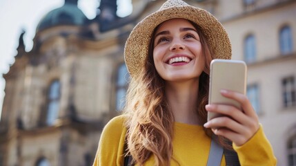 Joyful female tourist explores enchanting city using her smartphone for navigation