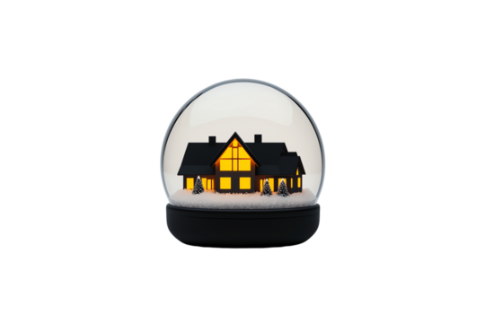 A cozy house with glowing windows is encased in a decorative snow globe.