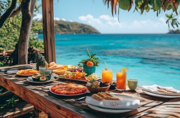 During summer vacations, tables are set with luxurious food and juices in a beautiful setting by the sea. The idea is to spend the vacation in a beautiful setting and represent a romantic atmosphere.