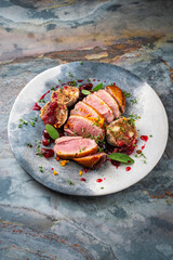 Roasted duck breast filet with homemade bread mushroom dumplings, orange topping and herbs served with cranberry sauce as close-up on a design plate