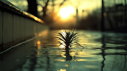 Small plant in shallow water at sunset