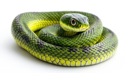 Fototapeta premium Vibrant Green Snake Coiled on White Background Capturing Nature's Intricate Details and Colorful Patterns