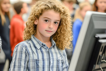 Portrait of a Young Girl with Curly Blonde Hair in a School Setting