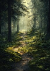 Fototapeta premium Tranquil Forest Path with Soft Sunlight Filtering Through Tall Trees and Lush Greenery in a Peaceful Natural Setting