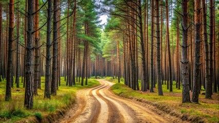 Obraz premium A winding dirt road meandering through a dense pine forest with tall trees and needles scattered on the ground , natural scenery, rural landscape