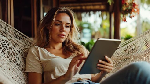 Beautiful young woman lying relaxed on a hammock reading a digital e-book on the porch of her house