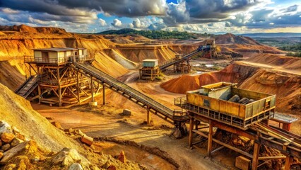 Fototapeta premium Old mine gold ore excavation process, rusty surfaces, mineral processing