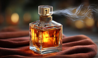 Glass perfume bottle with gold accents and mist, on reddish-brown fabric