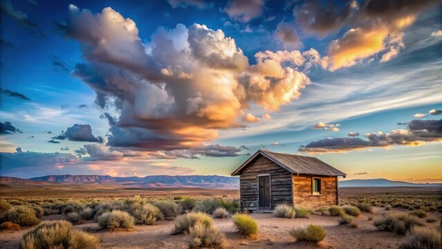 A solitary pony express cabin stands serenely amidst Utah West Desert landscape as soft white clouds drift lazily across a summer sky at dusk, desert landscape, summer clouds