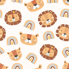 Cute lion and big cat family childish seamless pattern. Vector illustration for wrapping paper, t-shirt, printing, packaging, fabric, postcard, clothing, bedding and others © NEMR Studio