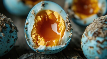 Close-up of cracked blue eggs with golden yolk, rustic wooden background