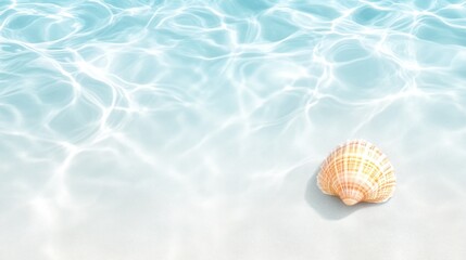 Seashell on sandy beach submerged in clear water summer vacation theme