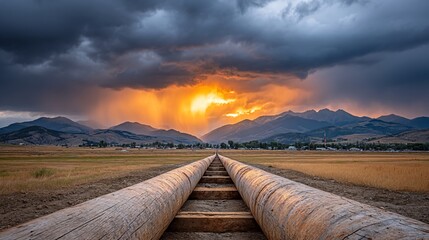Golden Sunset, Mountain, Pipelines