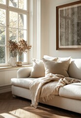 Fototapeta premium Cozy living room scene with warm textures, soft pillows, elegant blanket, stylish decor, and natural light pouring through windows