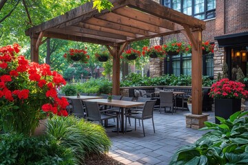 Obraz premium Patio dining, urban garden, summer, restaurant, city, flowers, tables, chairs