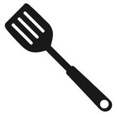 One black solid spatula tool has a handle and multiple ventilation slots design