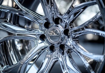 Fototapeta premium Close-Up of Polished Chrome Wheel Rim Displaying Intricate Design and Reflective Finish in Automotive Showcase