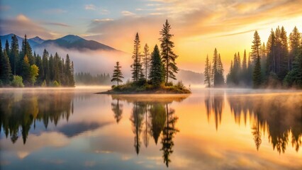 Reflection of Lac des Ch?s?rys at sunrise with misty atmosphere and surrounding trees, mist, lake