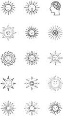 PrintAn elegant assortment of spiritual and mental health healing vector icons on a white background, including symbols of spiritual awakening, inner peace, counseling, and self-care, created in a lin