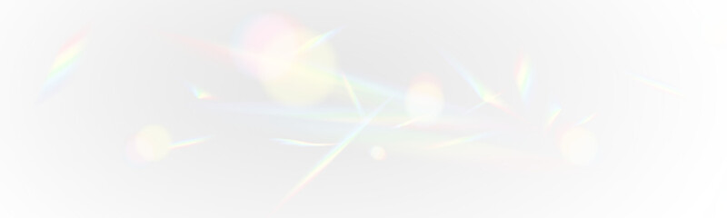 Crystal light bokeh and rainbow reflections on white background