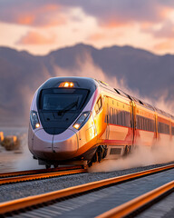 Fototapeta premium High-speed train speeds along tracks with mountains and a glowing sunset as a backdrop