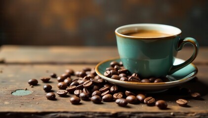 Roasted coffee beans spill beside a rustic coffee cup on aged wood , cozy, energy
