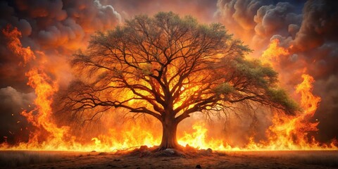 A majestic tree engulfed by flames, its branches twisted and charred
