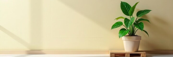 Obraz premium Green plant in pot on wooden pallet against bright wall , copy space, decoration
