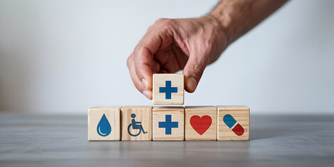 Hand placing a medical symbol cube among other health-related icons, representing healthcare and wellness