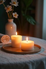 Scented candles flicker softly on a spa table , interior, white, aromatherapy