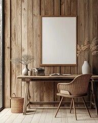 Cozy and Minimalist Home Office with Wooden Decor, Empty Frame, and Natural Elements in a Warm Atmosphere