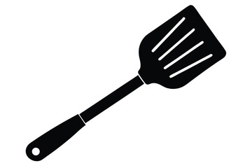 Simple black spatula silhouette has elongated handle and a hole at the end, transparent background