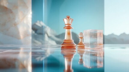 The chess pieces, made of translucent material, stand on a reflective surface, symbolizing strategy and thought, complemented by beautiful abstract backgrounds.