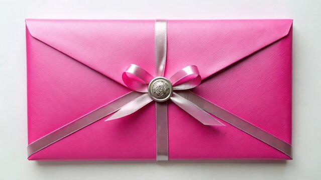 A luxurious pink envelope with a shiny silver seal, perfectly sealed and tied with a slender ribbon in a elegant