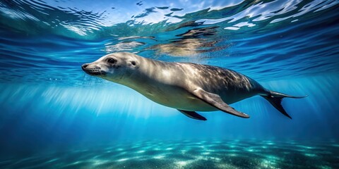 Obraz premium Mammal marine animal swimming through ocean water with transparent blue background , sea creatures