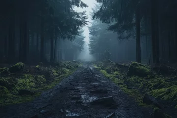 Fotobehang Misty forest path shrouded in twilight © Pixel Sculptor